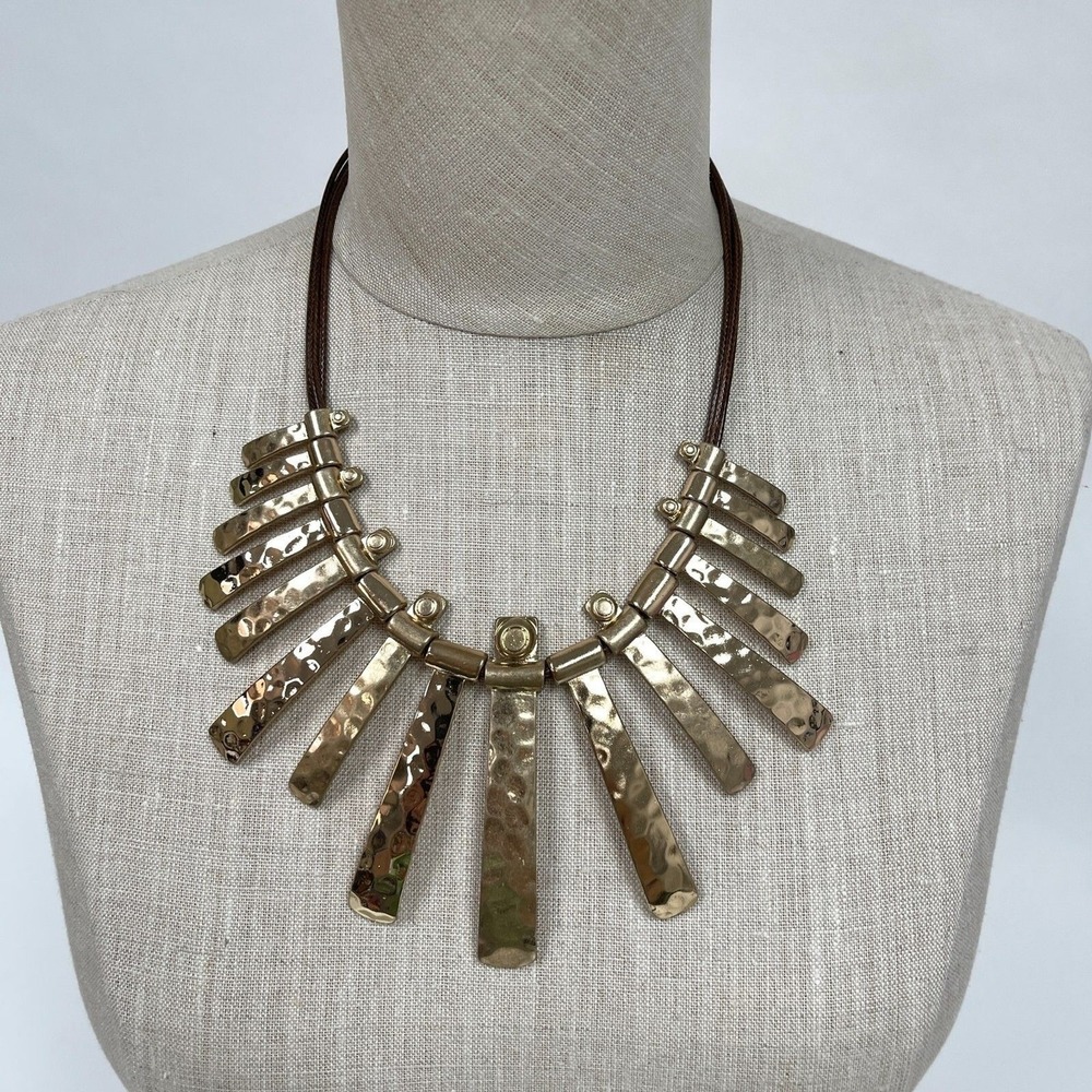 Gold-tone Hammered Metal Brown Cords Statement Necklace NWOT